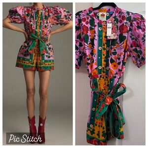 Farm Rio x Anthropologie Tropical Tie-Front Button Up Romper Playsuit Large